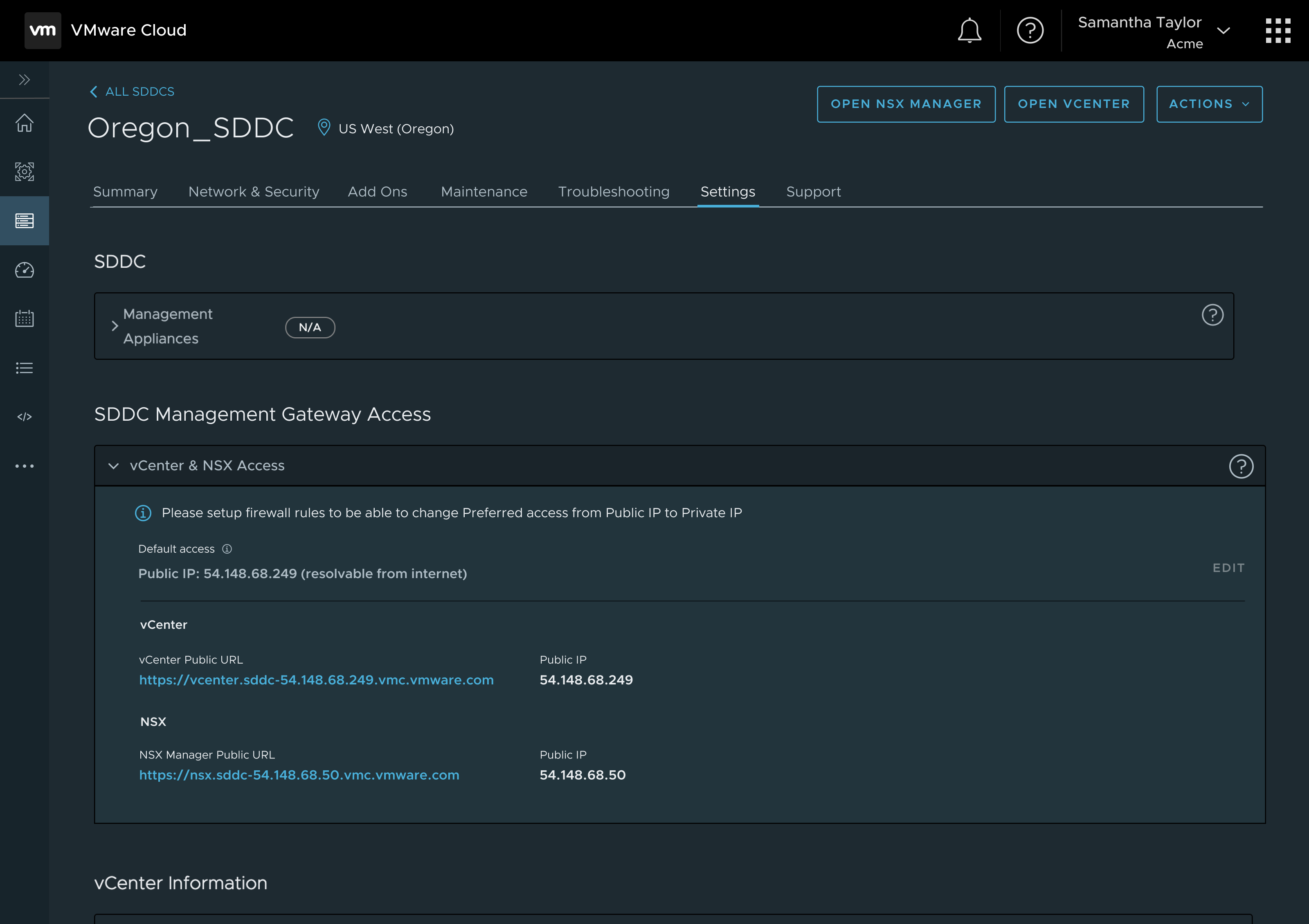 A webpage showing VMware Cloud consoles Settings tab. where users are looking at the NSX and vCenter settings