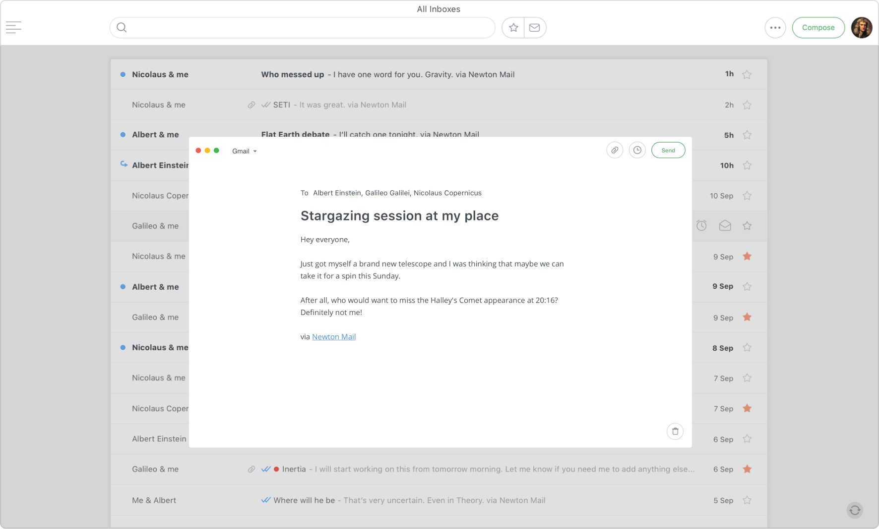 A screenshot from Newton mail Mac app, showing a screen where users compose an email.