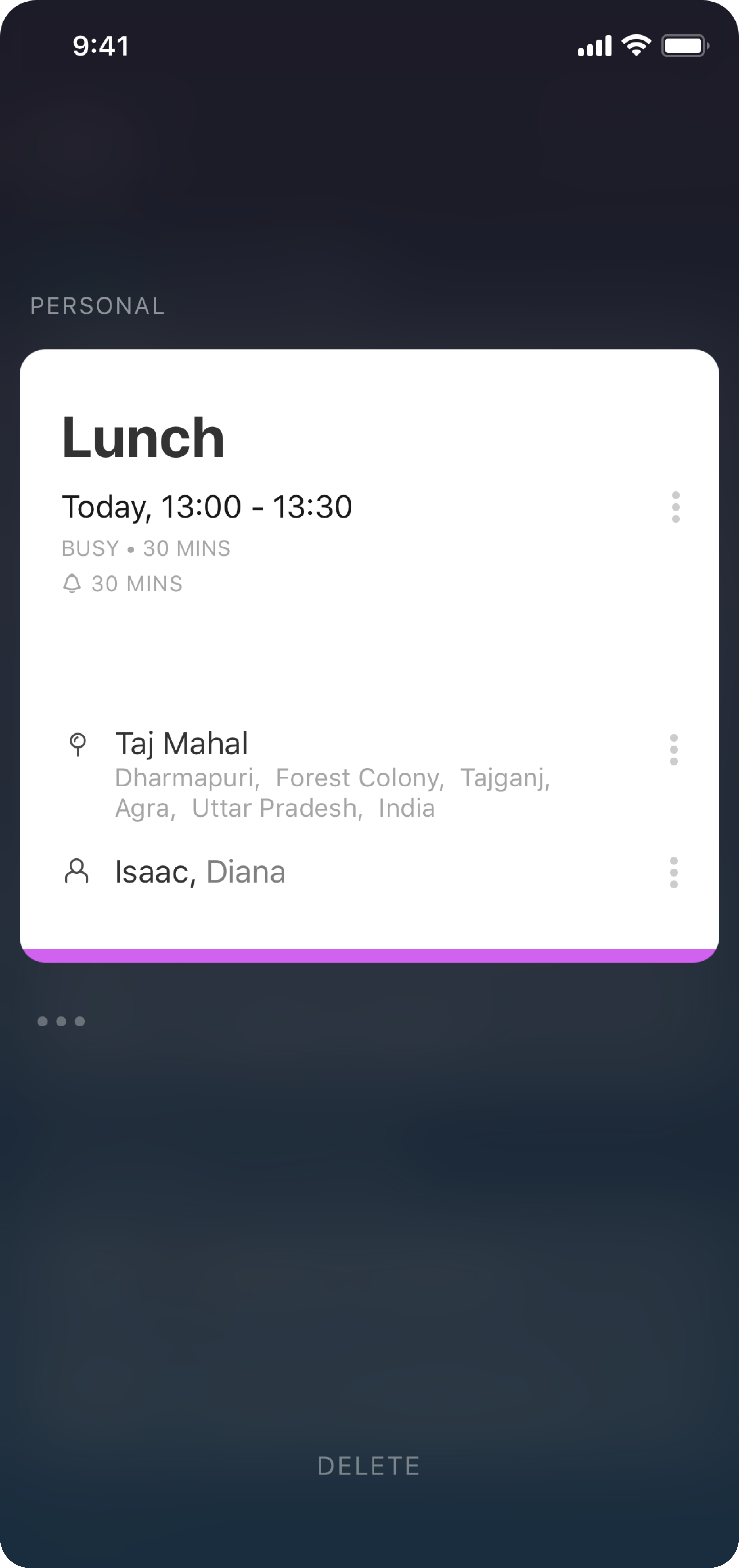 A screenshot from Newton Calendar app, where an even card is open.