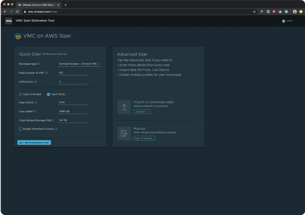 Logged out home page of VMC Sizer
